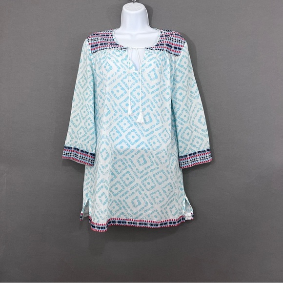 J. McLaughlin Blue Print Embroidered Tie Neck Tunic Top - Picture 1 of 16